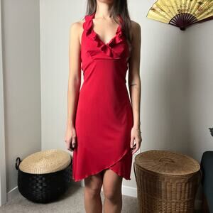 90s y2k vintage retro red ruffle trim v neck halter midi dress by la belle